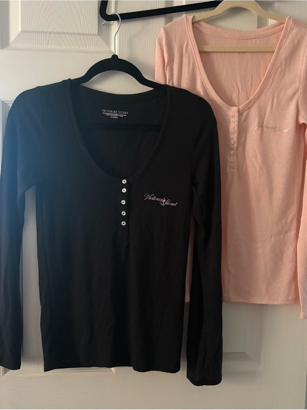 Victoria's Secret Long Sleeve Henley Tops - Black & Light Pink